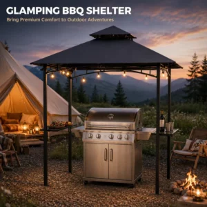 1.5×2.5m Metal BBQ Gazebo with Double-Tier Ventilated Roof and Side Shelves for Outdoor Grill Sun Shade