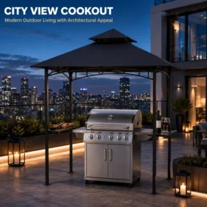 1.5×2.5m Steel Grill Gazebo With Side Mesh Shelves Double Tiered Roof Sun Shelter for Outdoor BBQ Station Supply