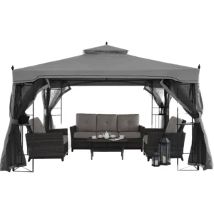 10′ X 10′ Steel Outdoor Patio Gazebo Garden Canopy with Removable Mesh Curtains Beige Top Cloth