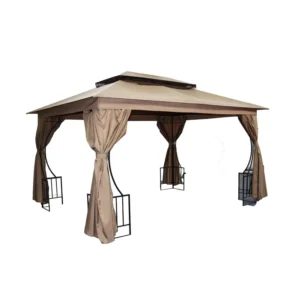 10′ X 12′ Outdoor Soft Top Gazebo with Curtains 2-Tier Steel Frame Gazebo for Patio Beige