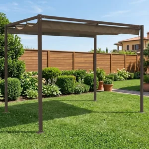 10×10 ft Steel Outdoor Pergola with Retractable Canopy Custom Logo Porch Garden Beach Sun Shade Pavilion