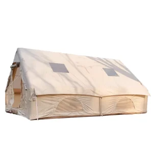 12㎡ A Frame Glamping Tent with Waterproof PVC Shelter Oxford Fabric Built In Airbed Rattan Table Set for Family Camping Lakeside