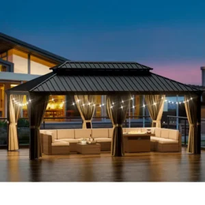 12′ X 20′ Hardtop Outdoor Aluminum Pergola Canopy for Backyard Patio & Garden Side Curtains Mosquito Netting BBQ Gazebos