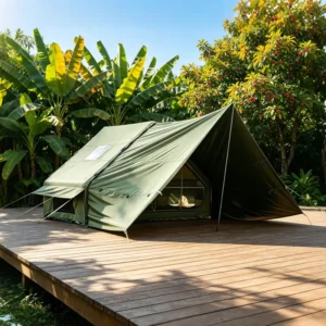 12sqm Expandable Inflatable Air Tent TC Cotton Waterproof 210g Canvas Glamping House with Integrated Canopy OEM