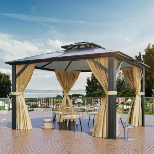 12x14FT Gazebo Hard Top Double Roof Canopy Outdoor with Netting and Shaded Curtains for Patio Backyard Deck and Lawns