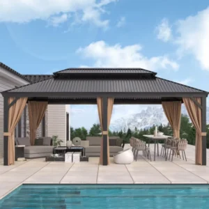 12’x20′ Outdoor Hardtop Polycarbonate Gazebo Canopy Curtains Aluminum Frame with Netting for Garden Patio