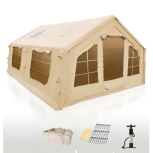 17 Square Meters Outdoors Inflatable Tent for Camping with Stove Jack Luxury Canvas Blow up Tent 2 Room Easy Setup Large House