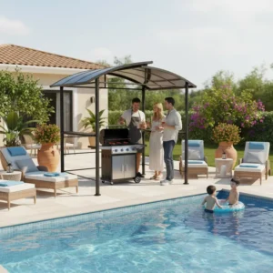 2.4×1.5M Curved Top Modern BBQ Gazebo Steel Frame Outdoor Furniture Patio Grill Shelter Waterproof Easy Installation Backyard