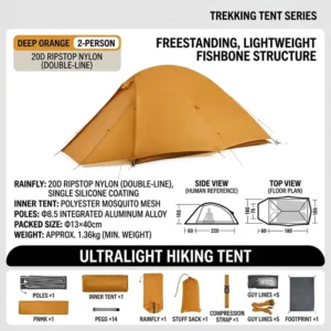 20D Nylon Summer Two-Person One-Bedroom Outdoor Camping Backpacking Tent, 3000mm+ Waterproof, Quick-Opening