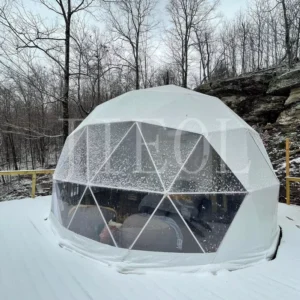 20ft Geodesic Dome Tent with Bathroom and Glass Door, Waterproof and Fireproof, -30~+70 Temperature Range