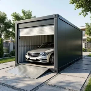 20ft Prefab Container Garage with Roll-Up Door, Ramp, Flat-Pack Detachable Steel Portable Car Shelter Carport