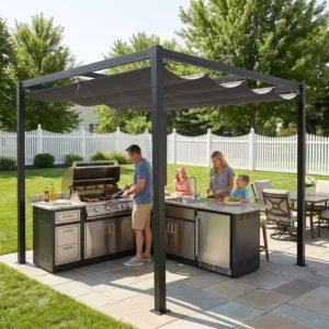 2x3m 3x3m 3x4m Outdoor Sun Shelter Metal Sliding Canopy Pergola Durable Steel Frame Garden Gazebo Bulk OEM