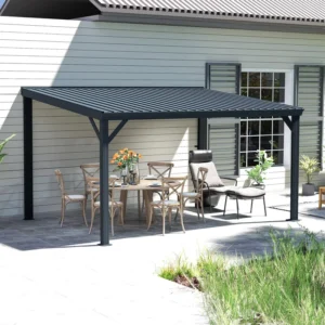 3*4m Wall Mounted Galvanized Steel Hardtop Patio Shelter Lean Gazebo with Drainage System for Backyard Deck and Porch