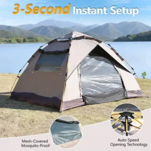 3-Second Automatic Pop-Up Tent 200x150x125cm for 3-4 Persons Waterproof Family Camping Tent