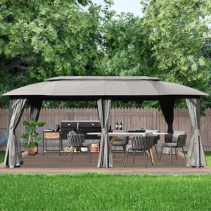 3 x 6 m Outdoor Heavy-Duty Metal-Frame Canopy Gazebo with Double Roof, Privacy Curtains and Mosquito Netting
