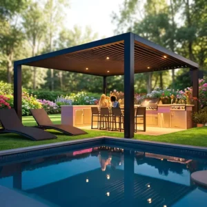 3×3 3×4 Outdoor Gazebo Pergola Canopy Automatic Opening Powder Coated Wood Plastic Screen PVC for Backyard Gardening