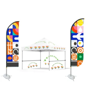 3x3M Tent and 3M Flag Combo, 2 Flags, Aluminum Pole, Custom Logos, Walls, Double-Sided Flags