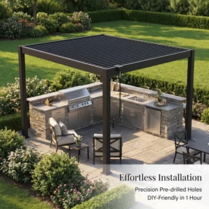3x3m 3x4m Aluminum Iron Louvered Pergola with Adjustable Manual Roof, Sun Shade Gazebo for Garden