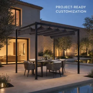 3x3m Manual Retractable Pergola 60x60mm Heavy Duty Steel Frame Wave Shade Canopy for Hotel Terrace Resort Commercial Project