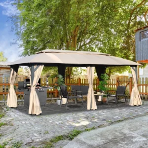 3×6 m Outdoor Heavy-Duty Metal Frame Canopy Gazebo with Double Roof, Privacy Curtains, and Mosquito Netting
