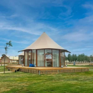 4 Season Luxury PVDF PVC Hexagon Glamping Tent Bathroom Thermal Insulation with Glass Doors Yurts House