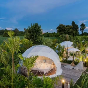 4m-12m Diameter Geodesic Dome Tent with Bathroom, Glass Door, Various Colors and Configuration