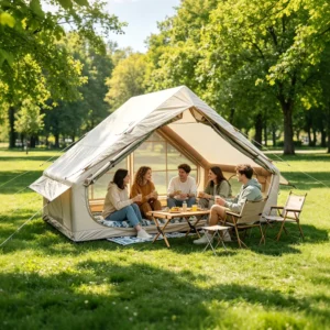 6.3㎡ Inflatable Ridge Tent with Chimney Hole Double Door 300D Oxford Hot Tent for 3 4 Person Camping No Window Design OEM