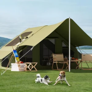 6.3sq.m ThickTC Cotton Inflatable Tent Tall Wide Double-Doors W Awning & Stove Vent 4-Season Weatherproof Camping Tent