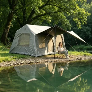 6.5㎡ Inflatable Ridge Tent 300D Titanium Blackout Oxford Glamping Tent with PVC Air Beams & Integrated Awning