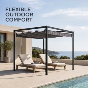 60x60mm Heavy Duty Frame Retractable Pavilion 3x3m Waterproof Steel Pergola for Outdoor Hospitality Resort Hotel Commercial Use
