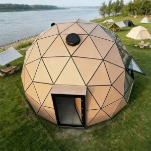 6M Glamping Geodesic Wooden Glass Dome Tent Cabin House for Resort with Durable Aluminum Alloy Structure