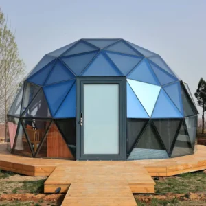 7M Blue Tempered Glass Geodesic Dome Tent House for Glamping Resorts Hotels
