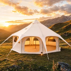 8-10 People Four-Season Octagonal Yurt Camping Tent with Flame-Retardant Fabric, UV50+ Protection, and Waterproof Design