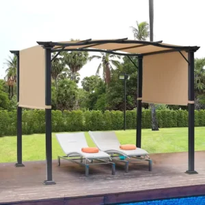 8′ X 10′ Four-Season Durable Windproof Gazebo with Retractable Canopy Shade Awning Pergola Steel Frame for Backyard Garden Use