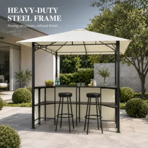 8x8ft Metal Bar Pavilion With Integrated Dual Counters and Shelves for Patio Backyard Entertainment