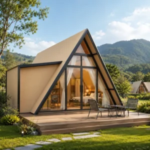A Frame Hotel Tent 6x5m Glamping Cabin With Loft King Bed Glass Front PVC Tensile Membrane Steel Frame Wind Level 10