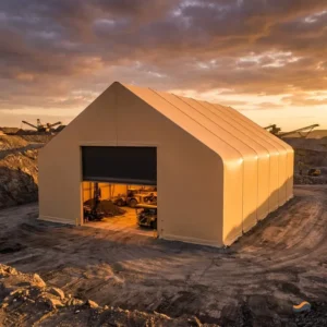 ASTM A123 Galvanized Steel Frame Bulk Material Storage Mining High-Peak Gothic Arch 20x40m Warm Beige PVC for Quarry Stone Bulk