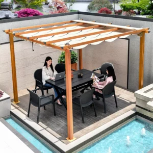 Adjustable Retractable Aluminum Pergola Canopy Shade Shelter, Wood Grain Finish