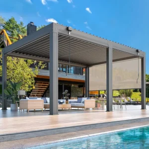 Adjustable-Roof Aluminum Louvered Pergola with Waterproof Sunshade for Pool and Garden