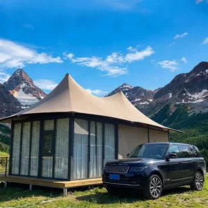 All season Large Double Layer 120m 100km h Wind Resistance Waterproof PVC Canvas Glamping Tent UV Protection One Bedroom Camping