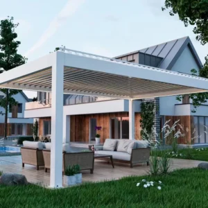 Aluminum Alloy Bioclimatic Pergola Adjustable Slats Waterproof Canopy Polished Frame Oak Cherry Rubber Wood Outdoor