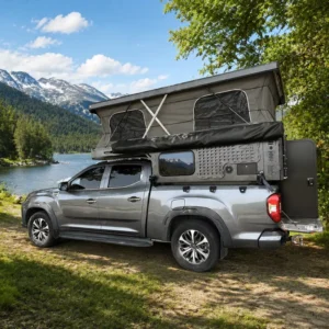 Aluminum Camper Shell with Tent Extension for Chevy Silverado 1500 5.8ft Bed 600D Oxford