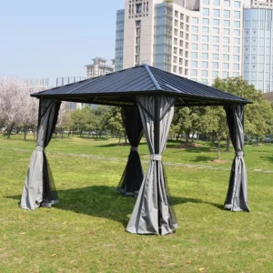Aluminum Hardtop Gazebo Metal Roof Pavilion with Privacy Curtains Mosquito Netting