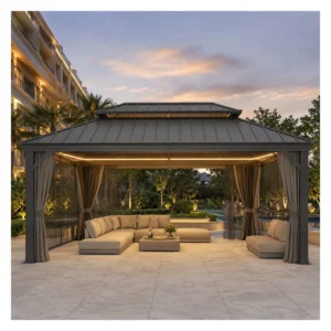Aluminum Hardtop Pergola Gazebo with LED Light Canopy for Outdoor Patios