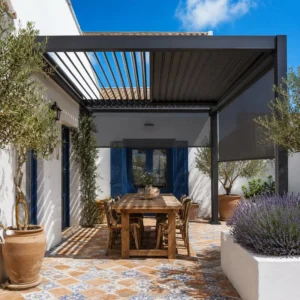 Aluminum Motorized Pergola Retractable Louvered Roof Beach Resort Sun Shade Canopy Windproof Curtains Ocean View LED Seaside