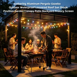 Aluminum Pergola Gazebo with Waterproof Louvered Roof, Sun Shade, and Privacy Canopy