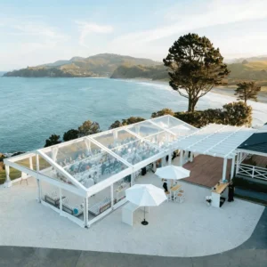 Anodized Aluminum Clear Roof Wedding Party Marquee UV Resistant PVC Outdoor Banquet Tent With Ceiling Drape for Resort Events