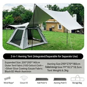 Automatic Quick Setup Cabin Tent With Extended Sun Shade Canopy Waterproof Large Space Family Camping Tent