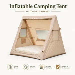 Beige Inflatable Camping Tent Air Beam Glamping Tent with Mattress Mesh Windows for Outdoor Family Campsite OEM