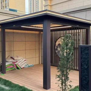 Bioclimatic Louvered Pergola Aluminum Frame Polished Finish Oak Cherry Rubber Wood Outdoor Gazebo Adjustable Slats Canopy